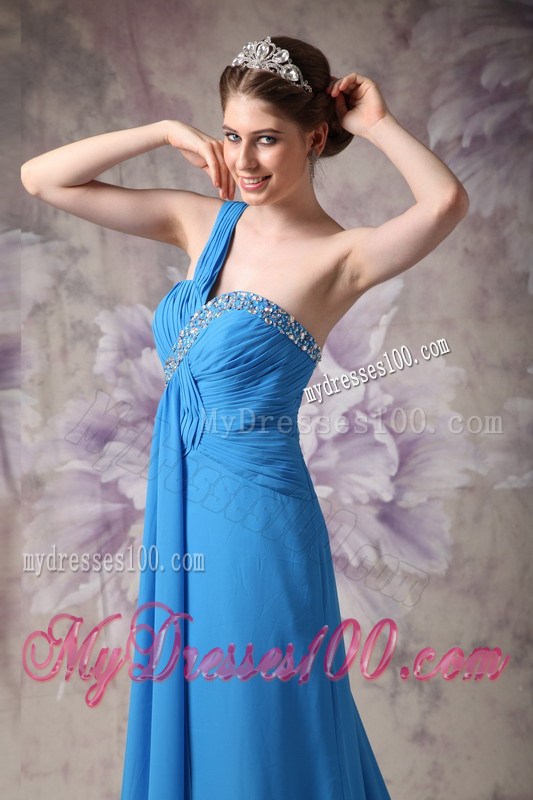 Blue Empire One Shoulder Beading Prom Dress with Watteau Train