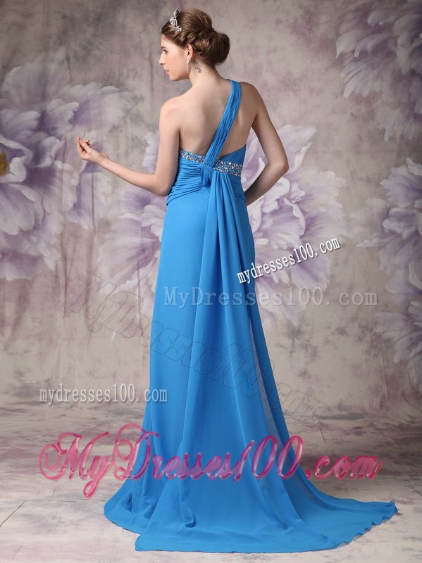 Blue Empire One Shoulder Beading Prom Dress with Watteau Train