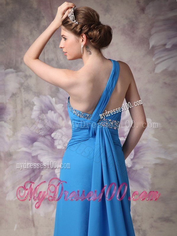 Blue Empire One Shoulder Beading Prom Dress with Watteau Train