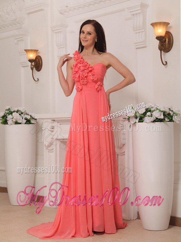 Watermelon Empire One Shoulder Hand Made Flowers Prom Dress