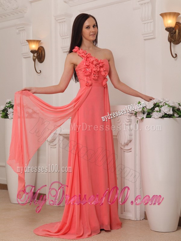 Watermelon Empire One Shoulder Hand Made Flowers Prom Dress