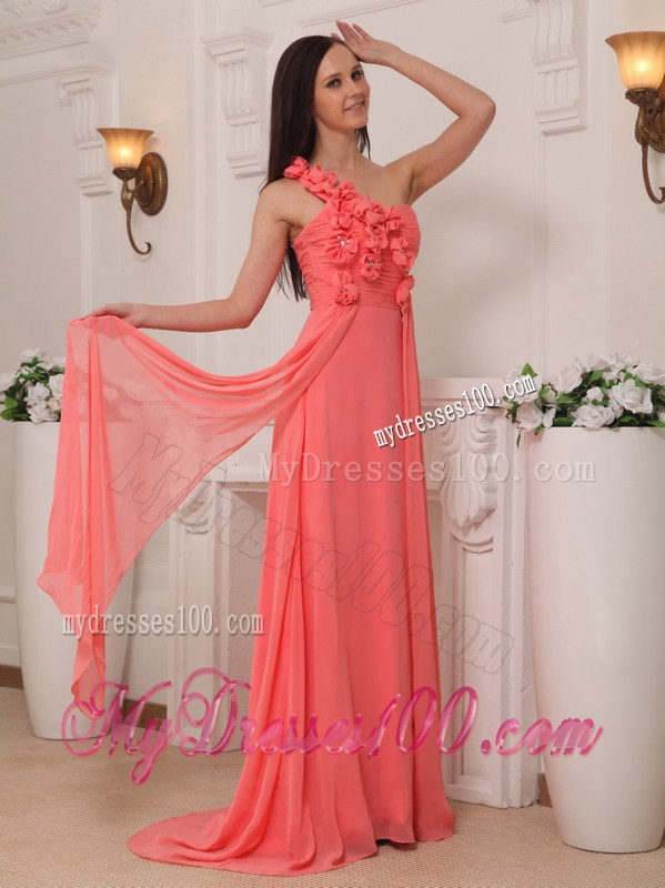Watermelon Empire One Shoulder Hand Made Flowers Prom Dress
