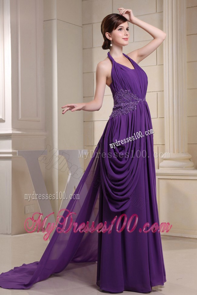 Purple Halter Watteau Train Prom Dress With Ruche and Appliques