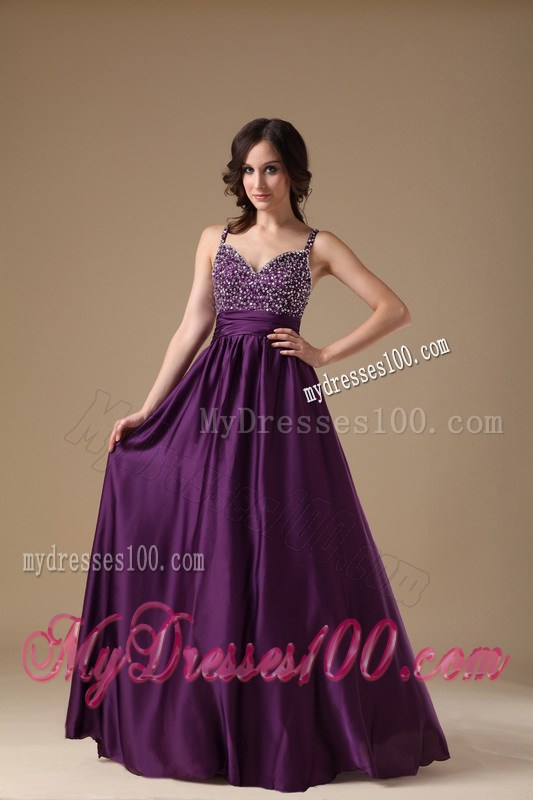 Modest Purple Straps Empire Prom Dress with Beaded Decorate
