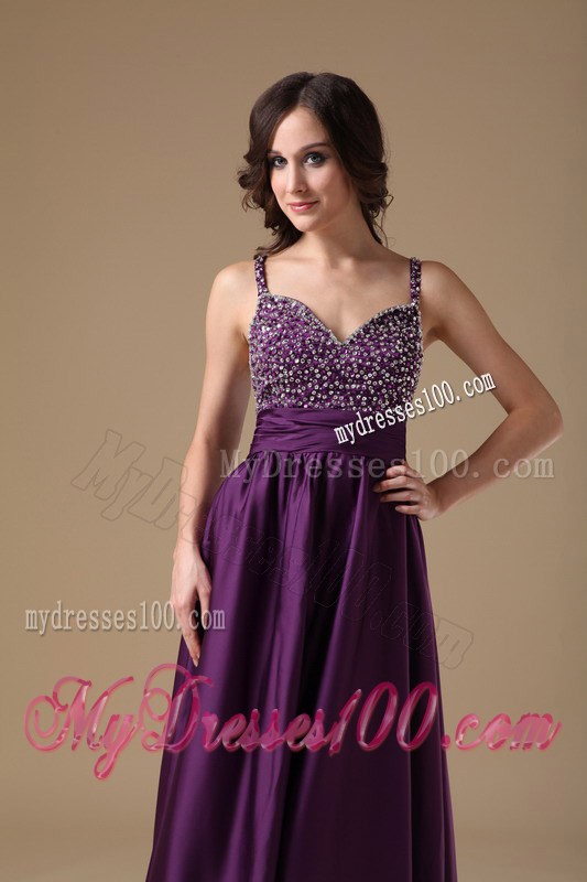 Modest Purple Straps Empire Prom Dress with Beaded Decorate