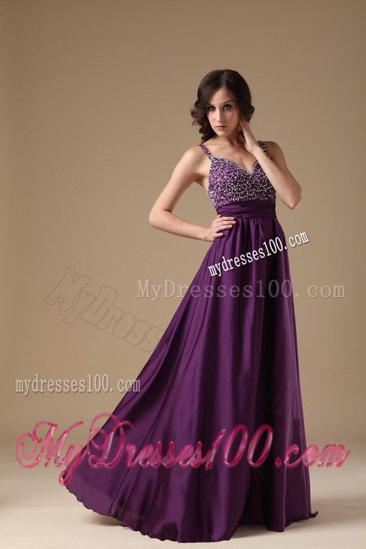 Modest Purple Straps Empire Prom Dress with Beaded Decorate