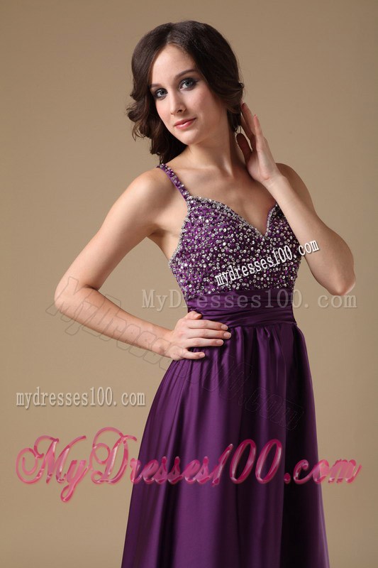 Modest Purple Straps Empire Prom Dress with Beaded Decorate