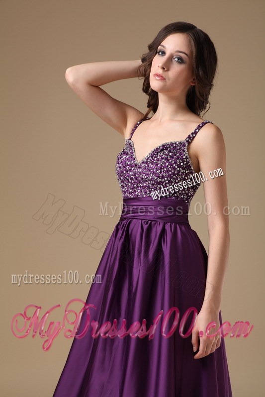 Modest Purple Straps Empire Prom Dress with Beaded Decorate
