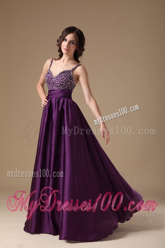 Modest Purple Straps Empire Prom Dress with Beaded Decorate