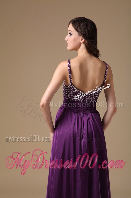 Modest Purple Straps Empire Prom Dress with Beaded Decorate