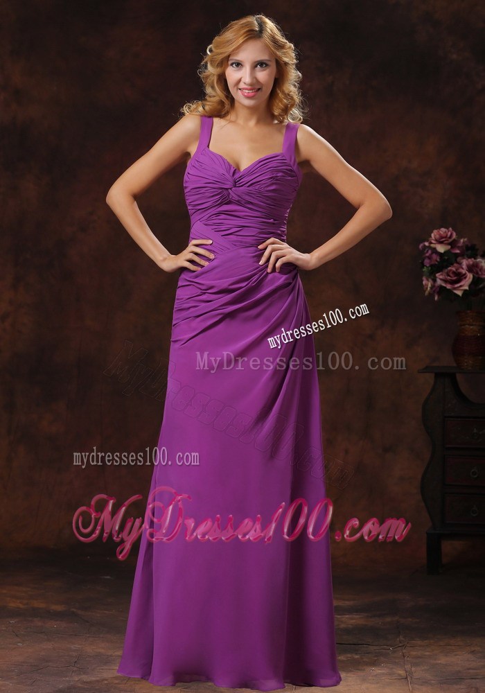 Purple Straps Ruched Bodice Discount Prom Dress in Floor-length