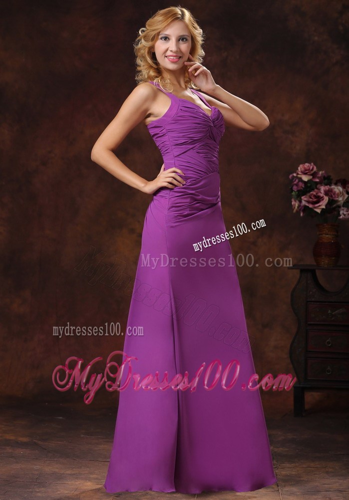 Purple Straps Ruched Bodice Discount Prom Dress in Floor-length