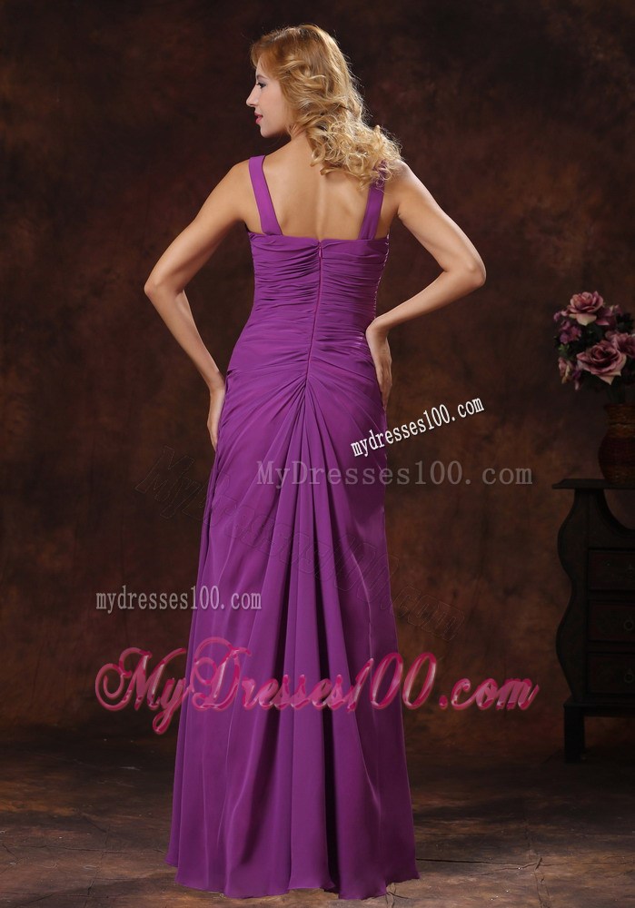 Purple Straps Ruched Bodice Discount Prom Dress in Floor-length