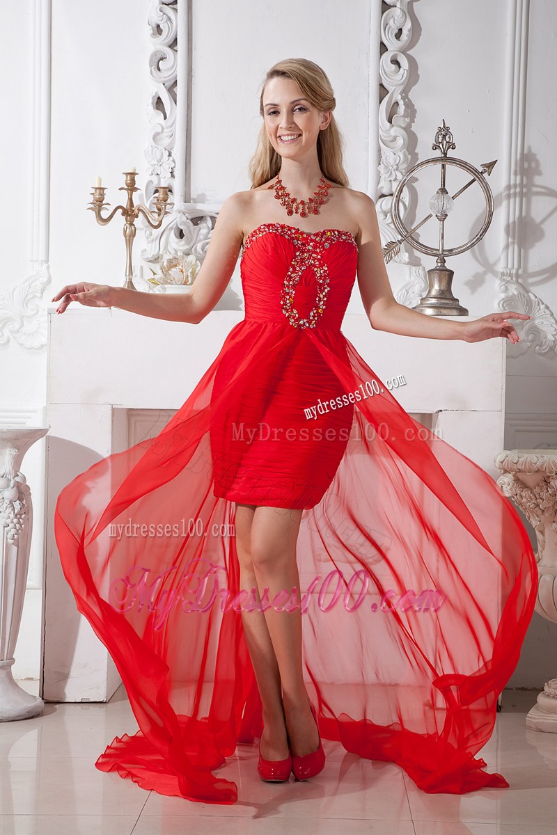 High-low Red Column Strapless Prom Dress with Beaded Decorate