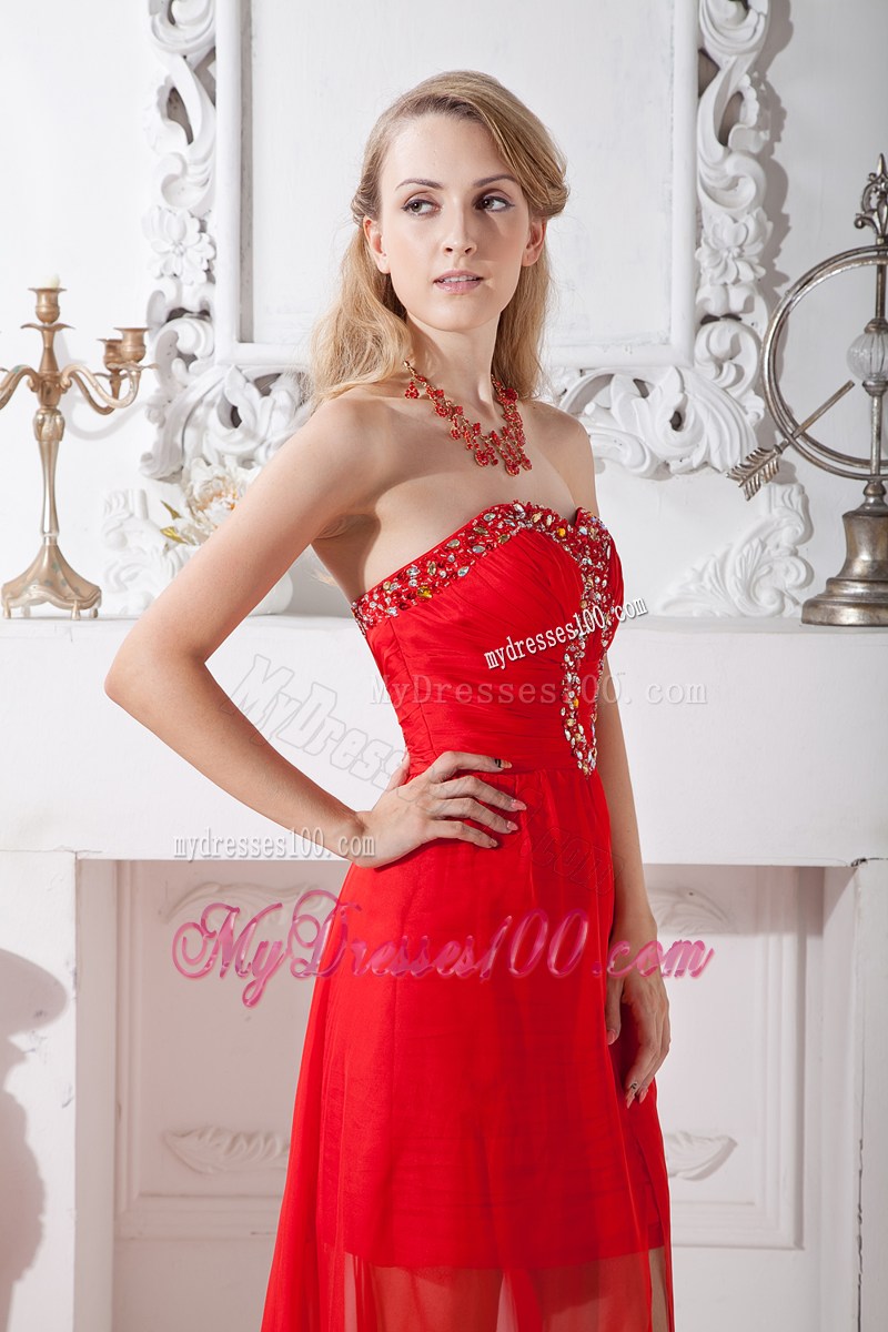 High-low Red Column Strapless Prom Dress with Beaded Decorate