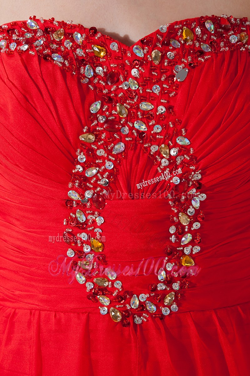 High-low Red Column Strapless Prom Dress with Beaded Decorate