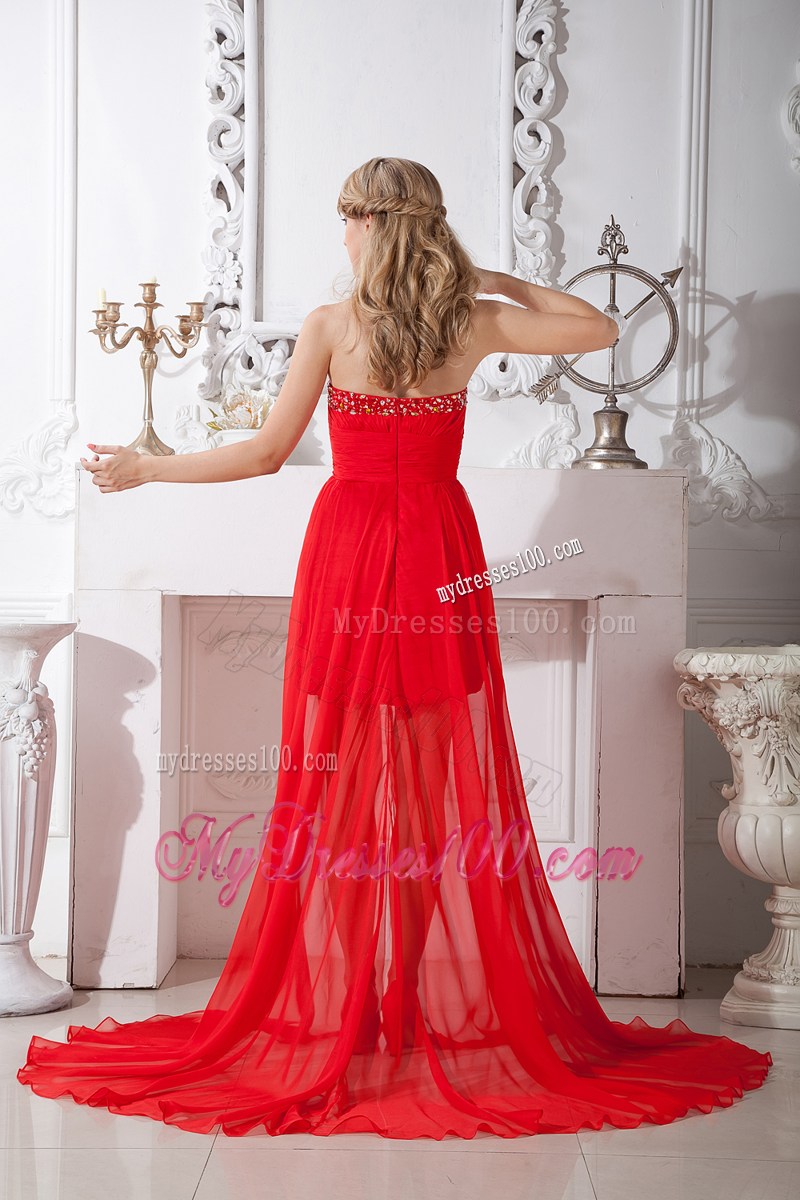 High-low Red Column Strapless Prom Dress with Beaded Decorate