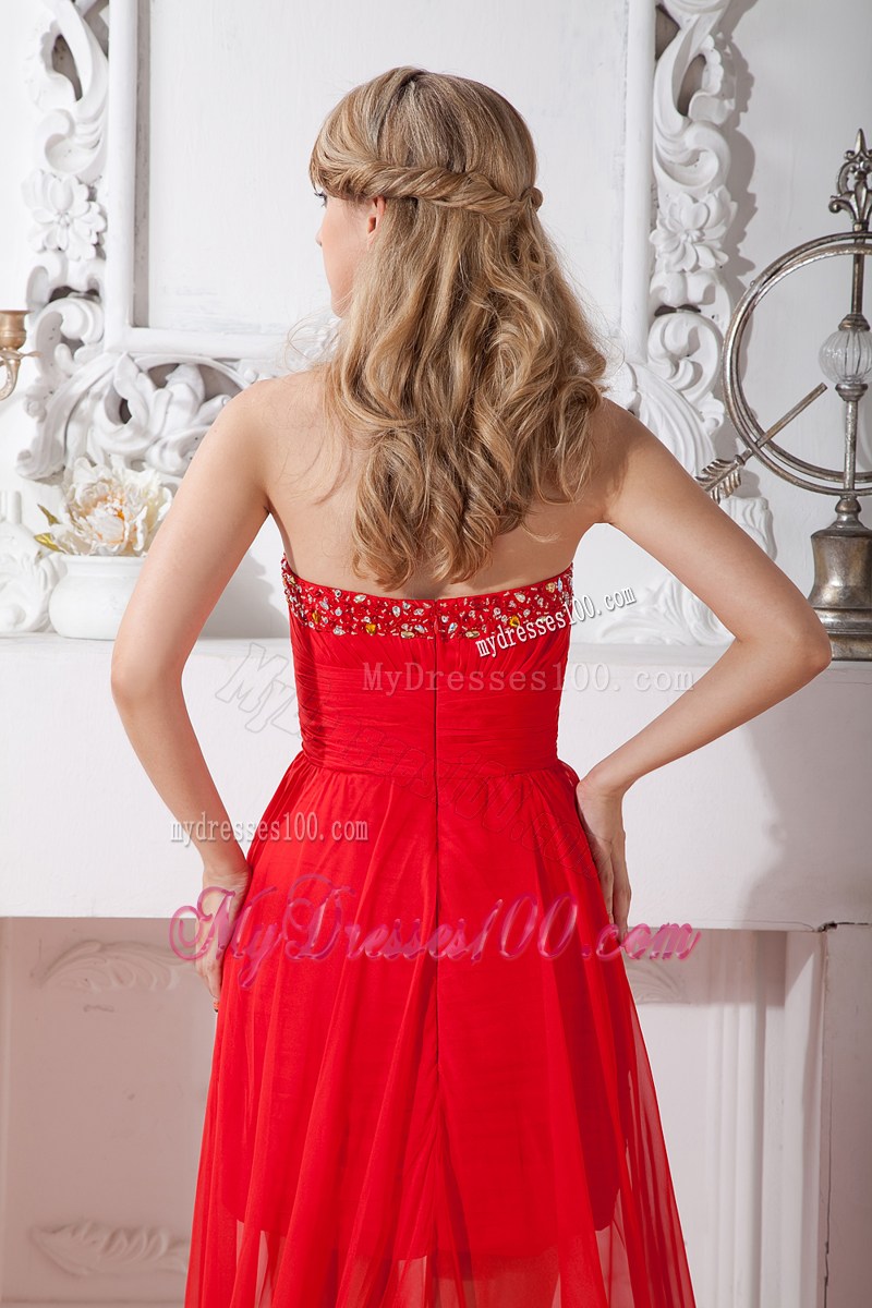 High-low Red Column Strapless Prom Dress with Beaded Decorate