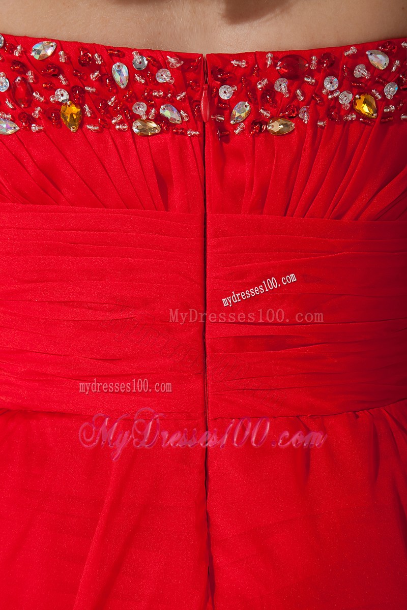 High-low Red Column Strapless Prom Dress with Beaded Decorate