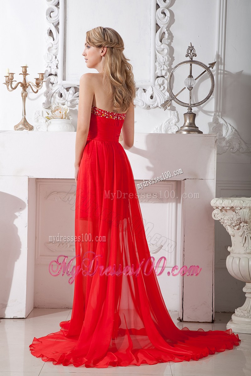 High-low Red Column Strapless Prom Dress with Beaded Decorate