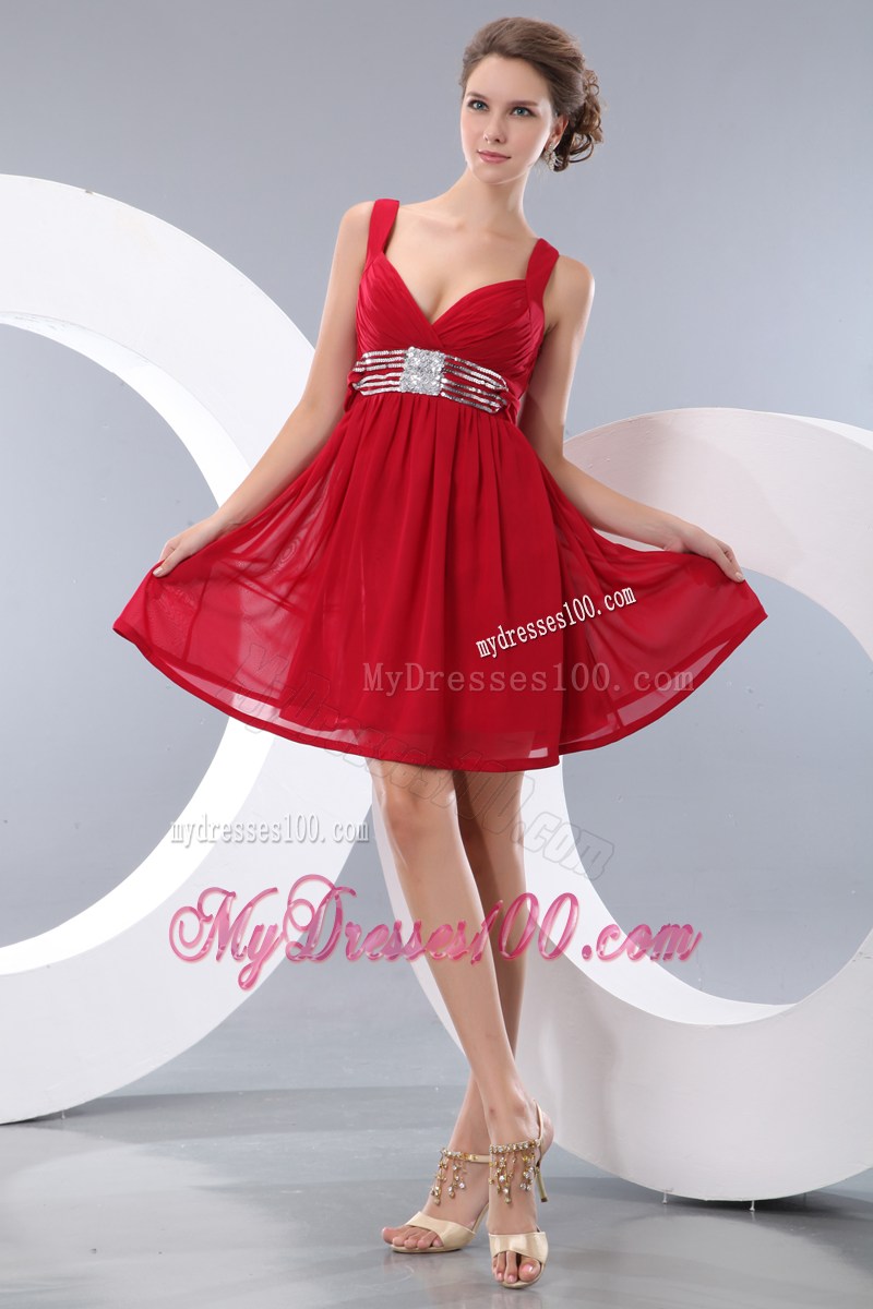 Red Empire Straps Mini-length Sequins Prom Homecoming Dress