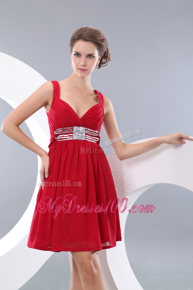 Red Empire Straps Mini-length Sequins Prom Homecoming Dress