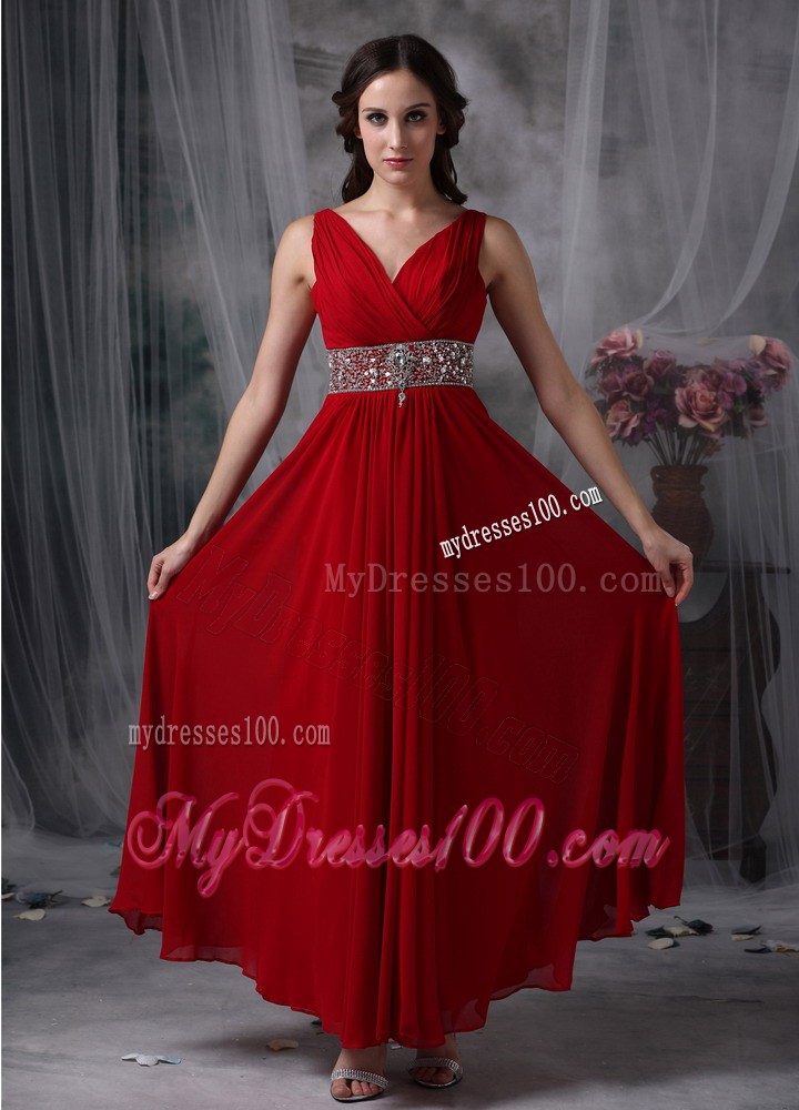 Fashion Red Empire V-neck Ankle-length Prom Dress with Beading