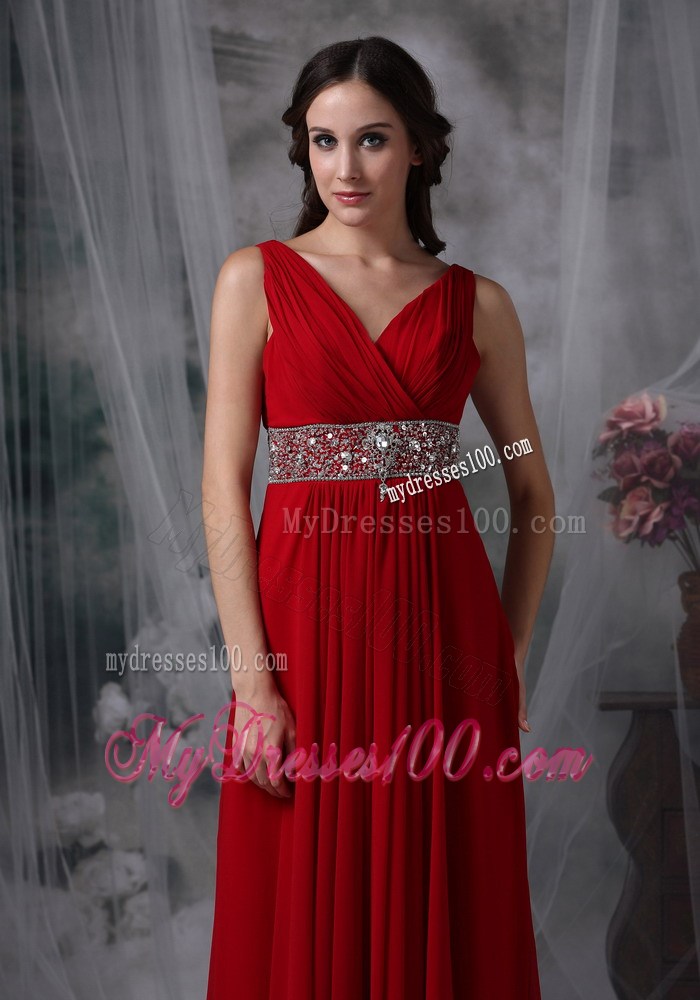 Fashion Red Empire V-neck Ankle-length Prom Dress with Beading
