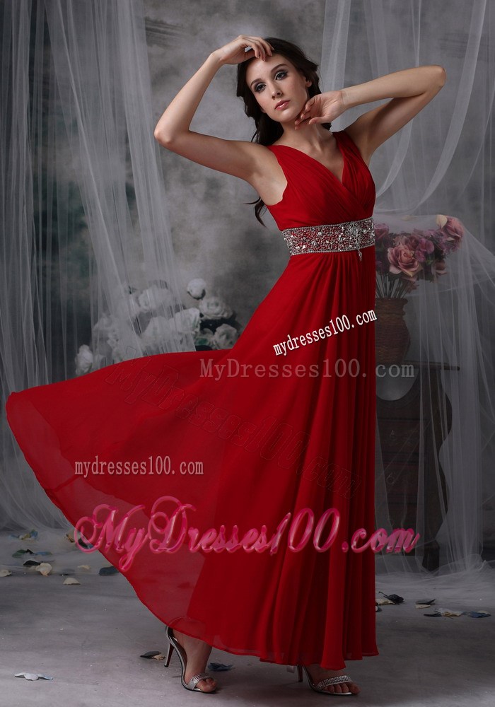Fashion Red Empire V-neck Ankle-length Prom Dress with Beading