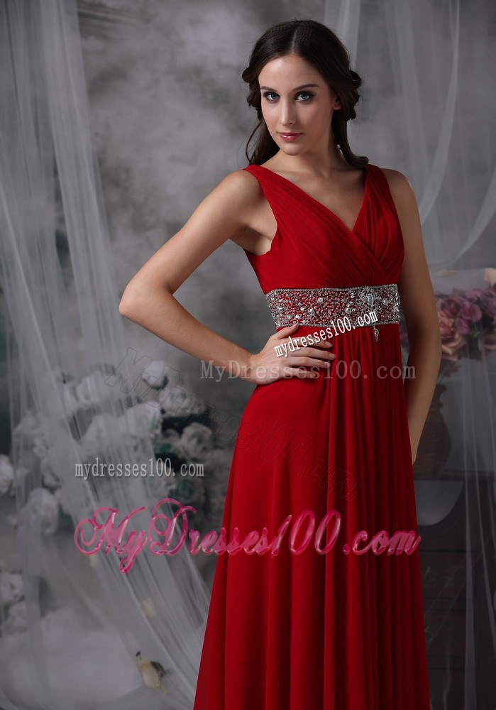 Fashion Red Empire V-neck Ankle-length Prom Dress with Beading