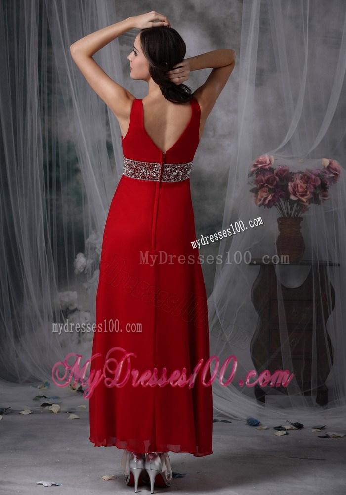 Fashion Red Empire V-neck Ankle-length Prom Dress with Beading