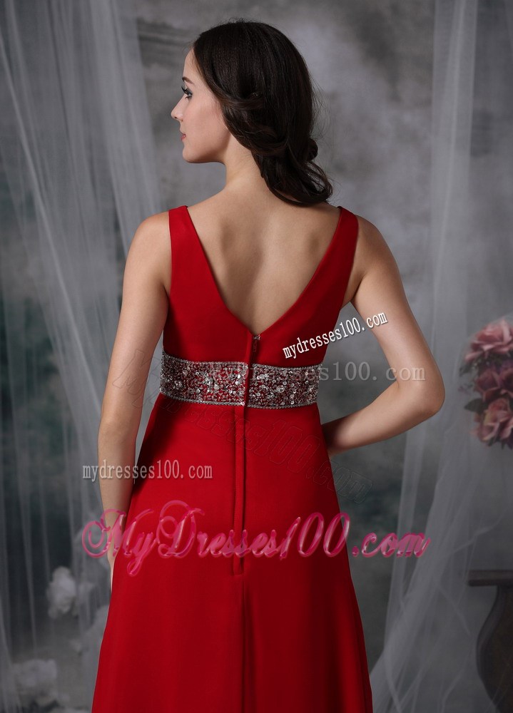 Fashion Red Empire V-neck Ankle-length Prom Dress with Beading