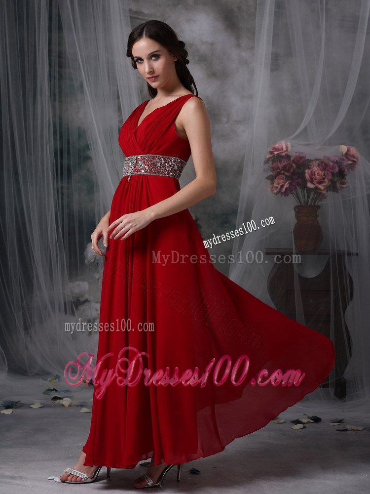 Fashion Red Empire V-neck Ankle-length Prom Dress with Beading