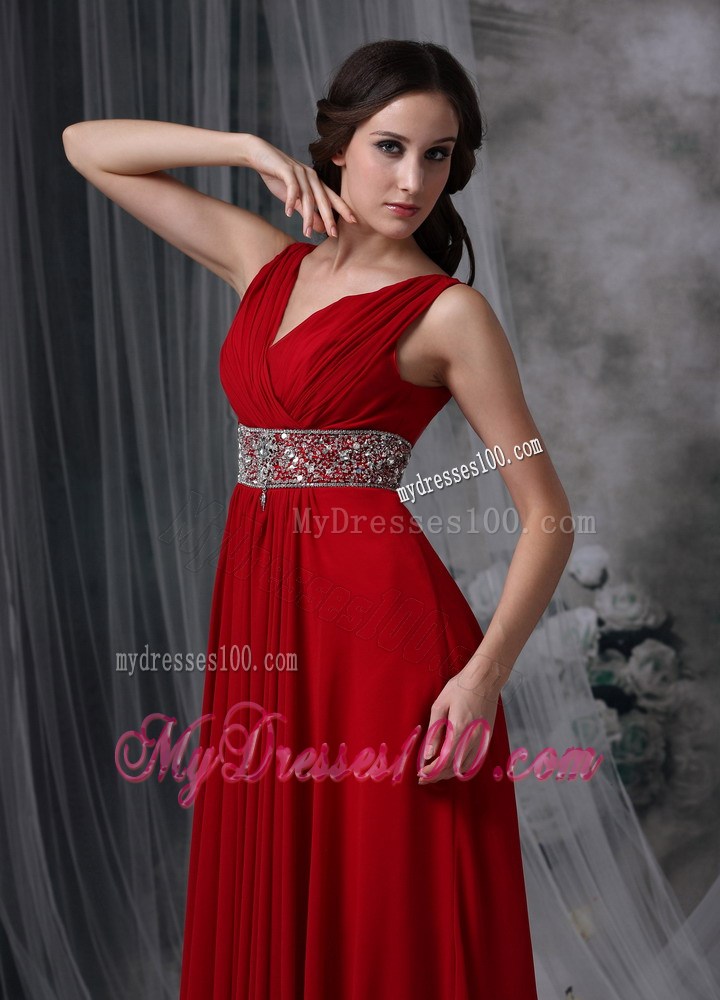 Fashion Red Empire V-neck Ankle-length Prom Dress with Beading