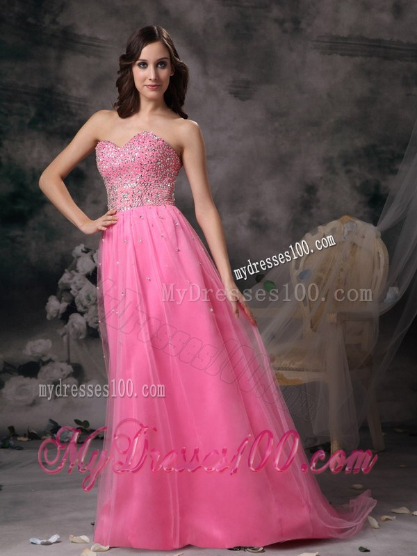 Elegant Rose Pink Empire Beaded Decorate Sweetheart Prom Dress