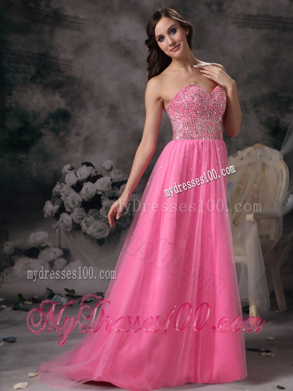 Elegant Rose Pink Empire Beaded Decorate Sweetheart Prom Dress