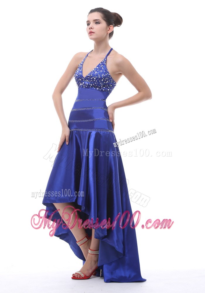 2013 Halter Beaded A-line High-low For Royal Blue Prom Dress