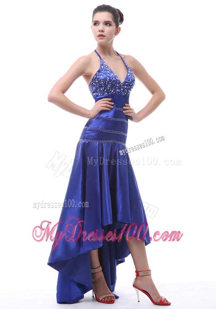 2013 Halter Beaded A-line High-low For Royal Blue Prom Dress