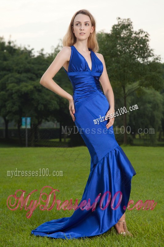 Royal Blue High-low V-neck Brush Train Ruching Prom Dress