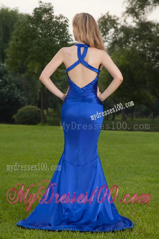 Royal Blue High-low V-neck Brush Train Ruching Prom Dress