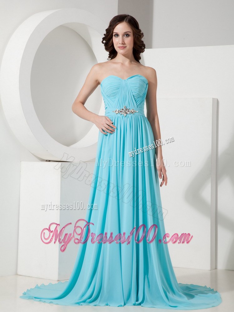 Formal Aqua Blue Sweetheart Beading Prom Dress with Brush Train