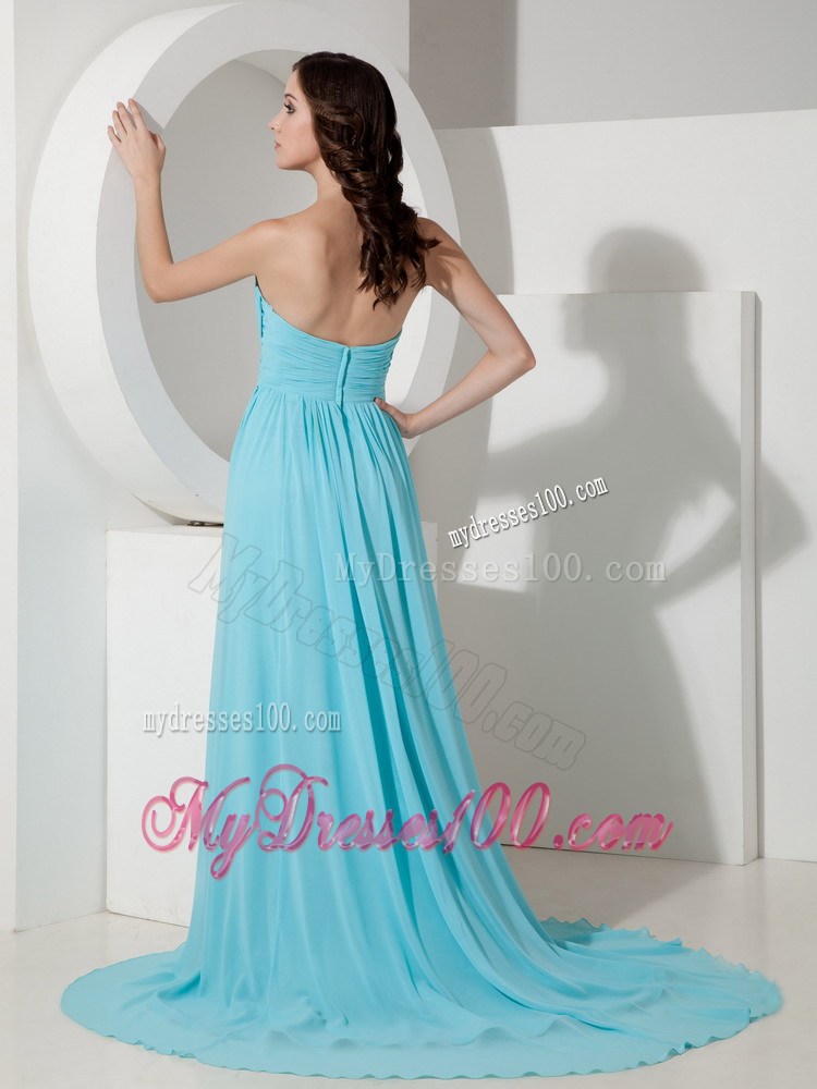 Formal Aqua Blue Sweetheart Beading Prom Dress with Brush Train