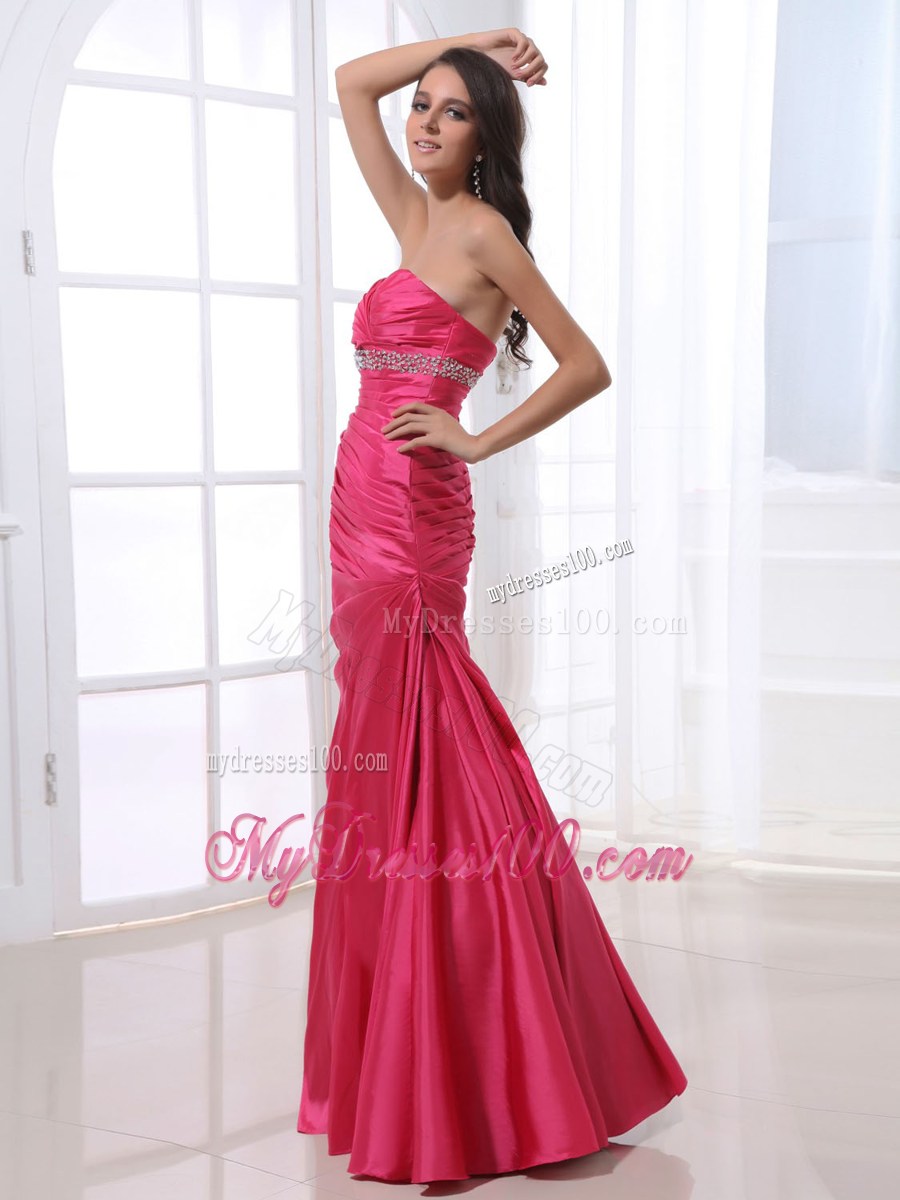 Ruched Bodice and Beading For Prom Dress With Hot Pink and Floor-length