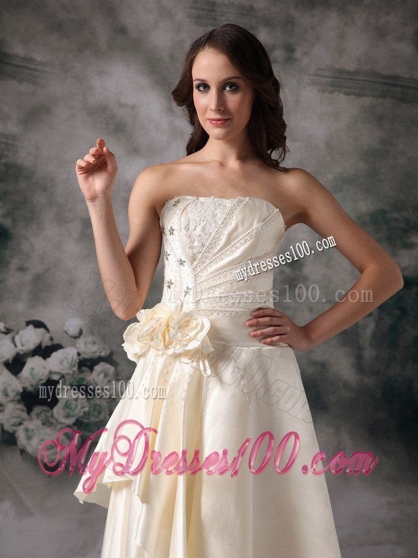 Light Yellow Empire Strapless Beading and Flowers Prom Dress