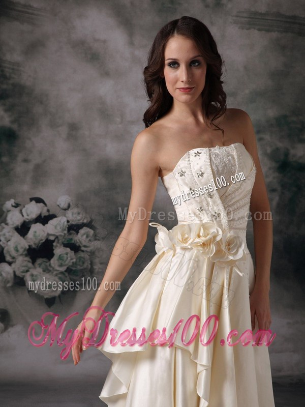 Light Yellow Empire Strapless Beading and Flowers Prom Dress
