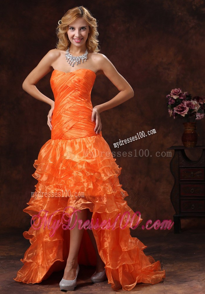 Custom Made Orange Red High-low Ruched Bodice 2013 Prom Dress With Organza
