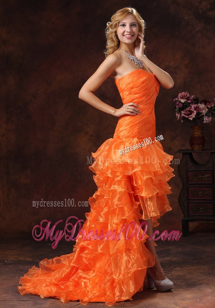 Custom Made Orange Red High-low Ruched Bodice 2013 Prom Dress With Organza