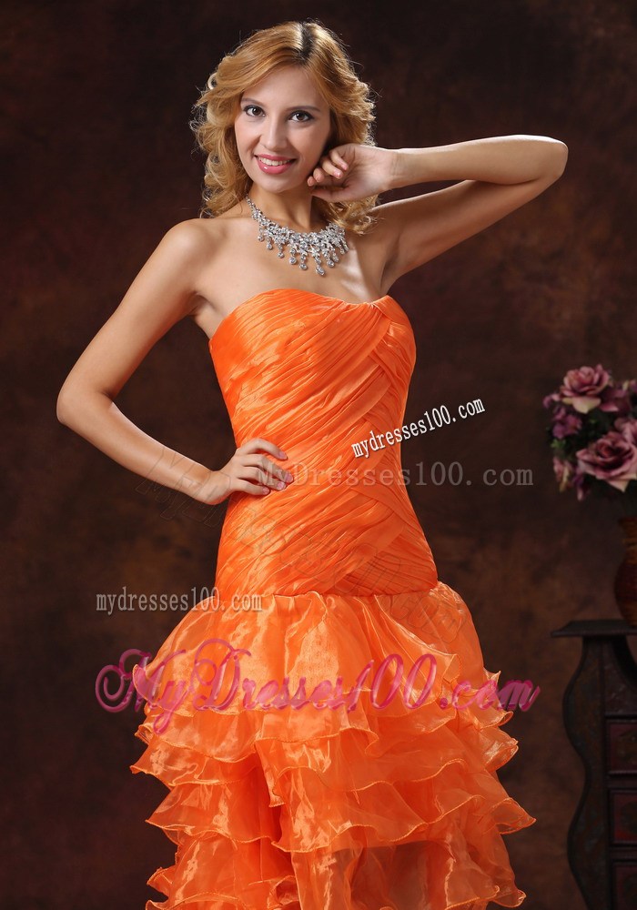 Custom Made Orange Red High-low Ruched Bodice 2013 Prom Dress With Organza