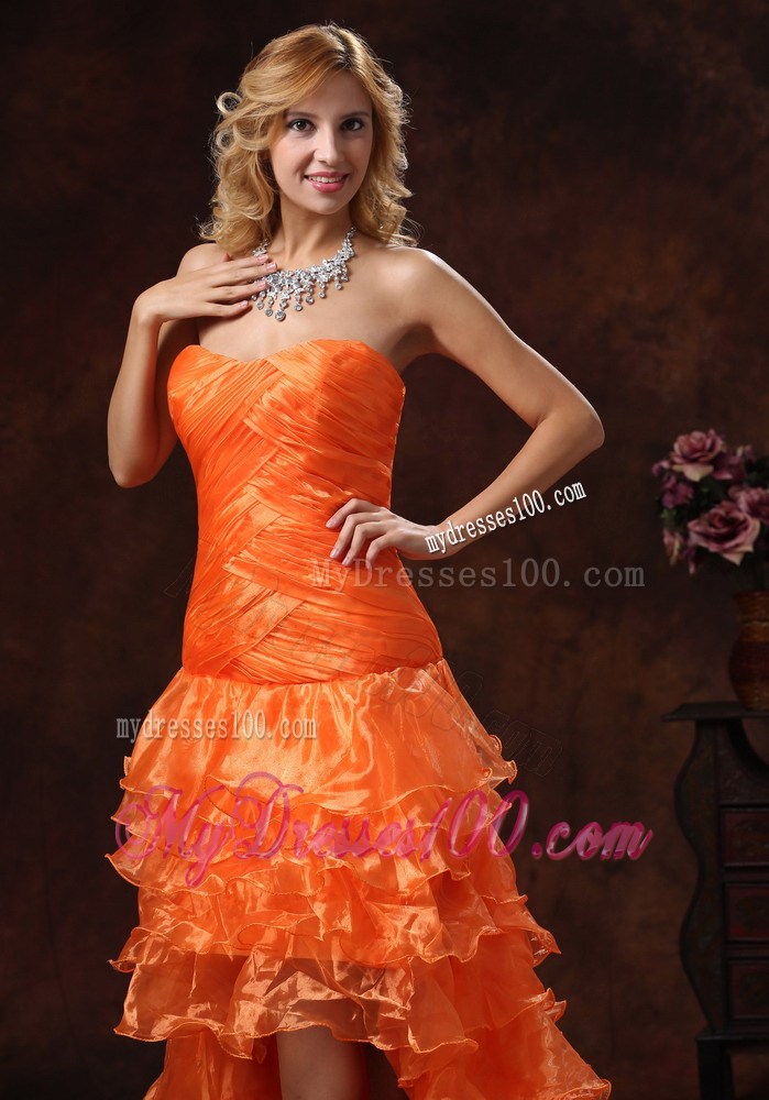 Custom Made Orange Red High-low Ruched Bodice 2013 Prom Dress With Organza