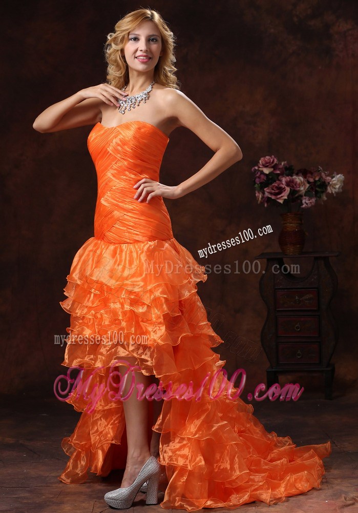 Custom Made Orange Red High-low Ruched Bodice 2013 Prom Dress With Organza